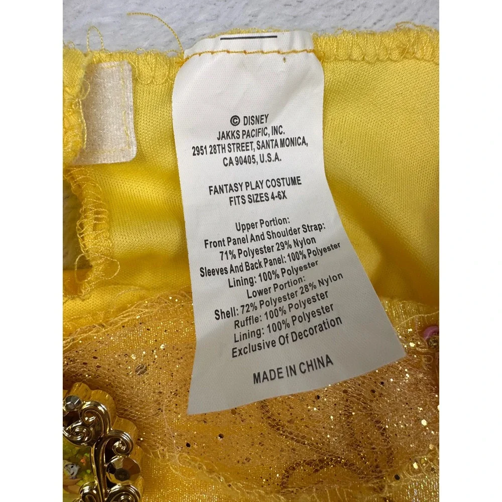 Disney Princess Belle Costume Dress Yellow Gold Glitter Rose Girls Size 4-6X